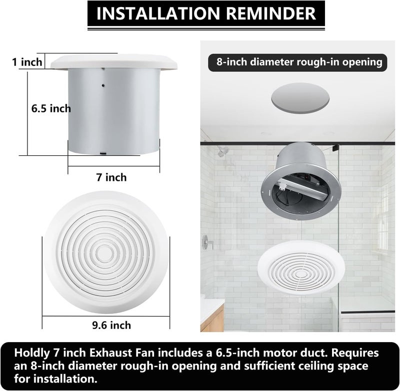 Holdly V2262-50 7 Inch Bathroom Exhaust Fan, 50 CFM, 1.0 Sones, 7" Ceiling Exhaust Fan, for 8 Inch Diameter Rough-in Opening, Ideal Ventilation for Bathroom, Laundry Room, Mobile Home, Kitchen & Garage - Image 3